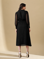 Women Black Solid V-Neck Tie-Up Waist Fit & Flare Midi Dress