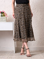 Women Brown & Black Animal Print A-Line Midi Skirt | Elasticated Waist | Flared Casual Skirt