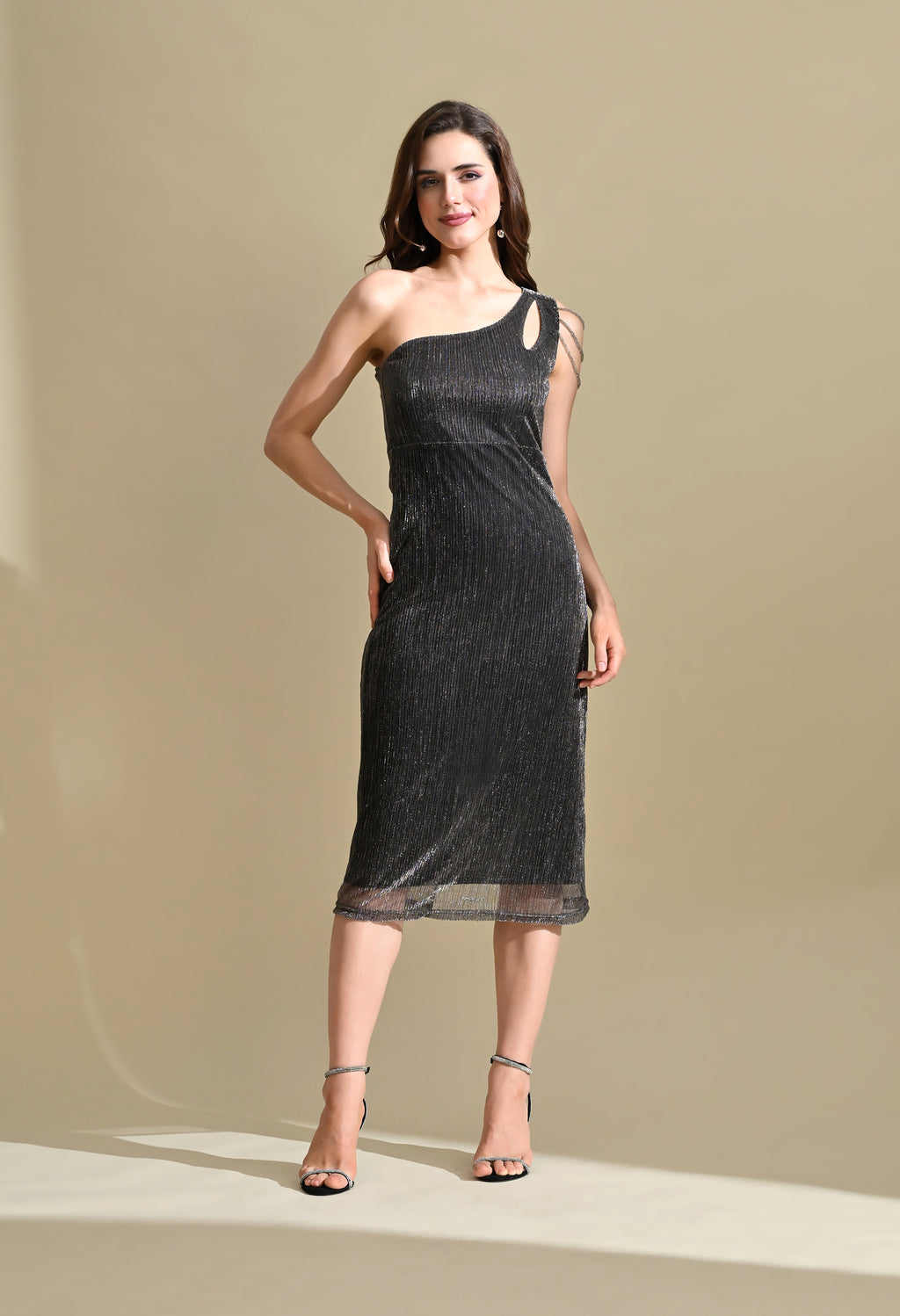 Women Black Metallic One Shoulder Bodycon Midi Dress