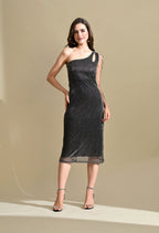 Women Black Metallic One Shoulder Bodycon Midi Dress