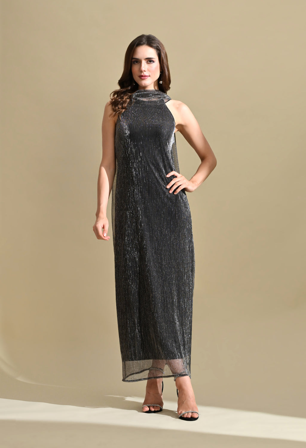 Women Black Metallic Halter Neck Pleated Maxi Dress