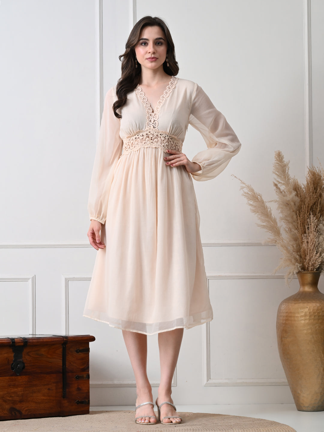 Women's Cream Self Design Lace Detail V-Neck Empire Midi Dress