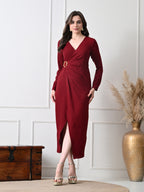 IKONIC KLAER Women Burgandy Solid Wrap Style Midi Dress with Metal Buckle Detail