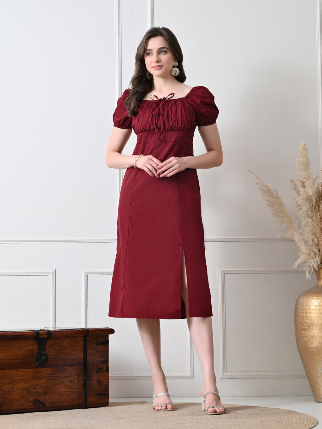 IKONIC KLAER Women Burgundy Solid Square Neck Puff Sleeve Midi Dress