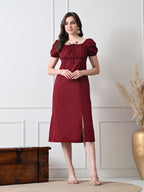 IKONIC KLAER Women Burgundy Solid Square Neck Puff Sleeve Midi Dress