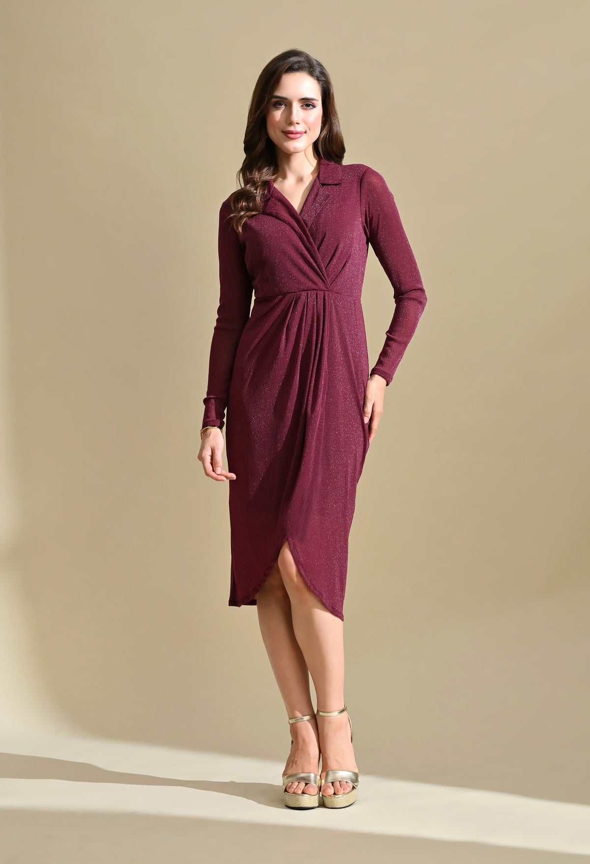 Ikonic Klaer Women Solid Shimmer Wrap Midi Dress with Lapel Collar