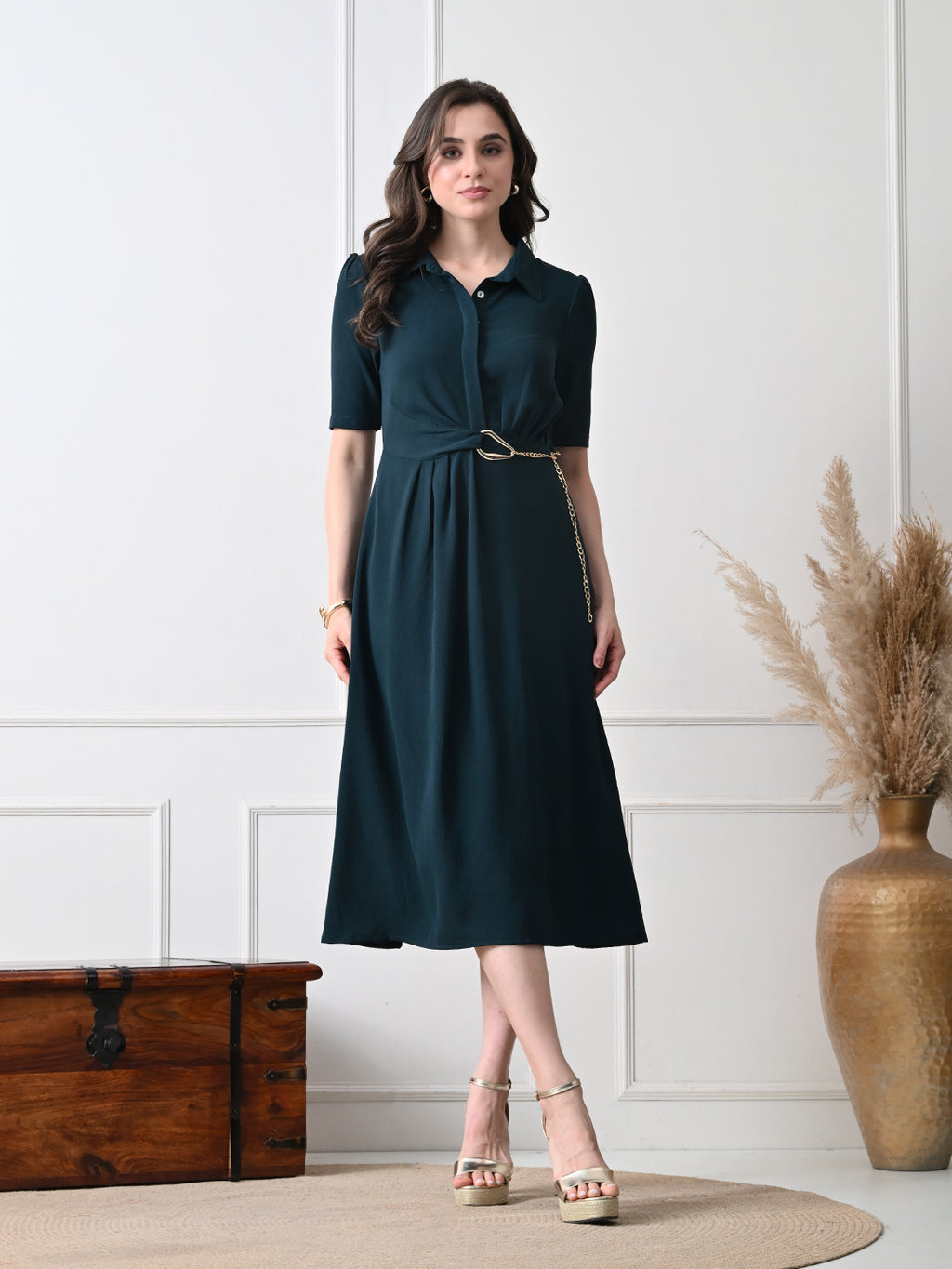 Women Solid Shirt Collar A-Line Midi Dress with Metal Chain Waist Detail