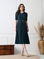 Women Solid Shirt Collar A-Line Midi Dress with Metal Chain Waist Detail