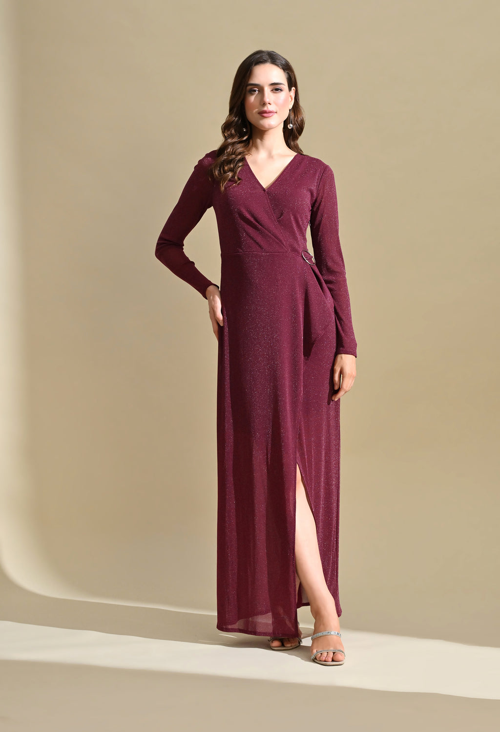 Ikonic Klaer Women Wine Shimmer V-Neck Draped Party Maxi Dress