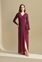 Ikonic Klaer Women Wine Shimmer V-Neck Draped Party Maxi Dress