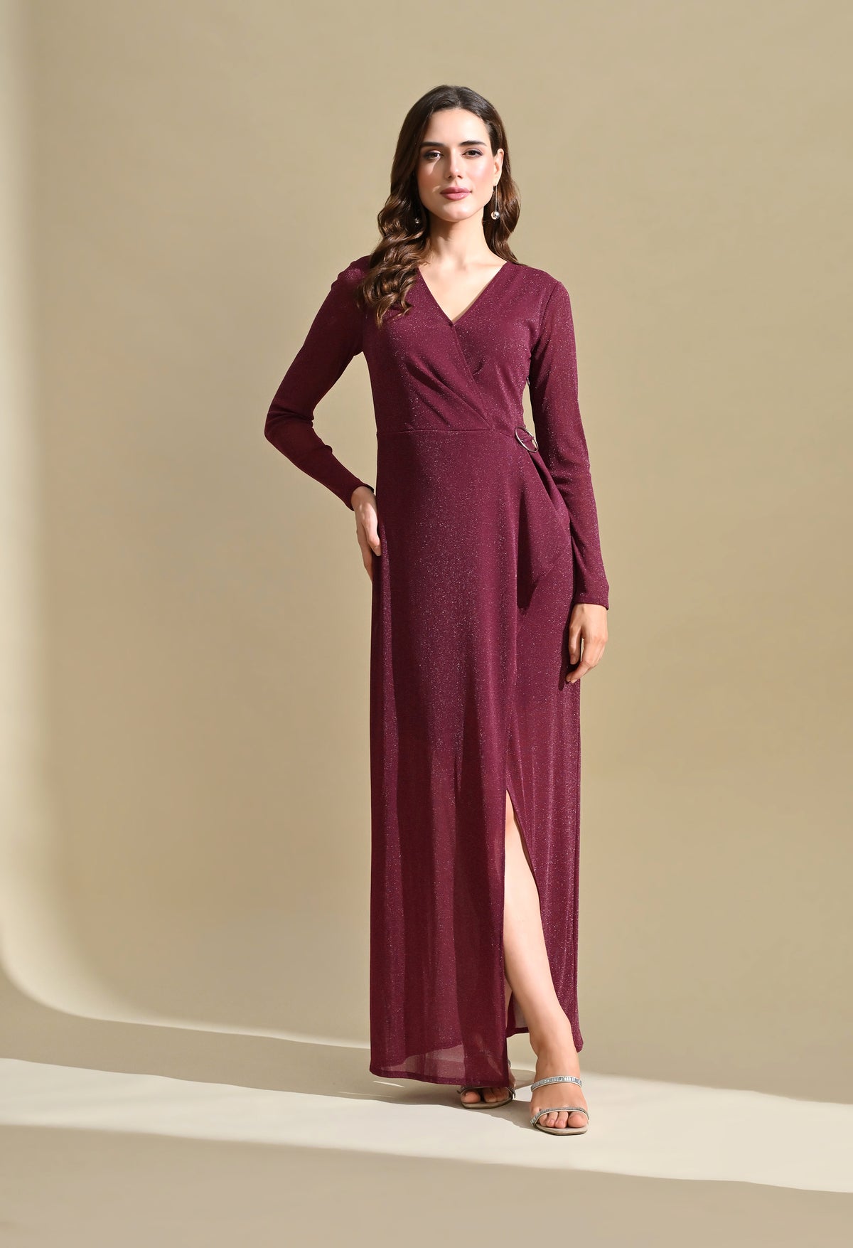 Ikonic Klaer Women Wine Shimmer V-Neck Draped Party Maxi Dress
