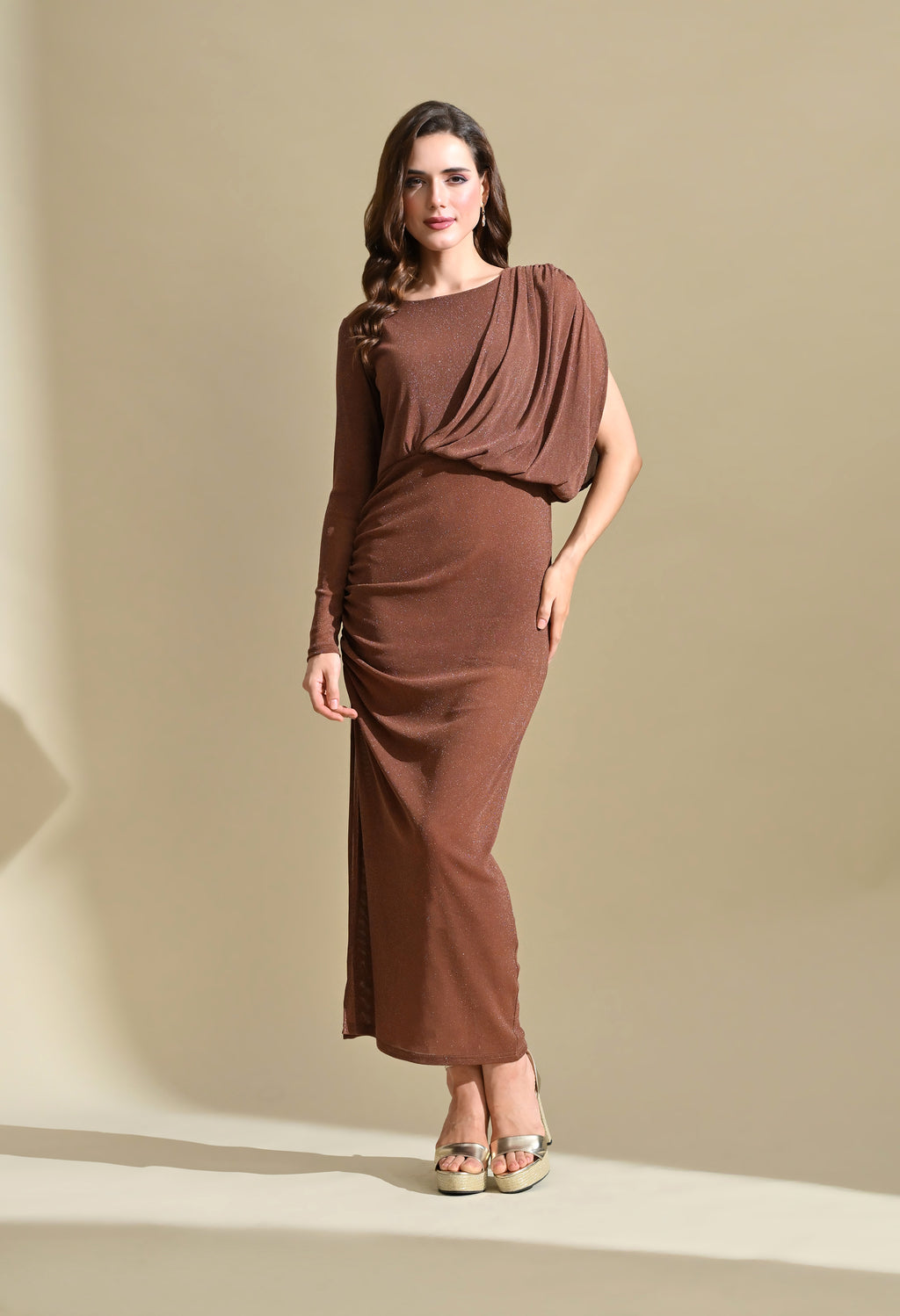 Ikonic Klaer Women Solid Shimmer One Shoulder Draped Midi Dress