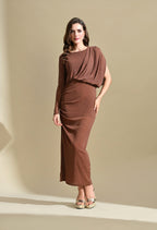 Ikonic Klaer Women Solid Shimmer One Shoulder Draped Midi Dress