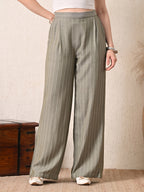 IKONIC KLAER Olive Green Pinstriped Wide Leg Trousers for Women