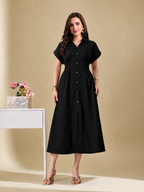 Women Black Solid Shirt Collar Fit & Flare Midi Dress