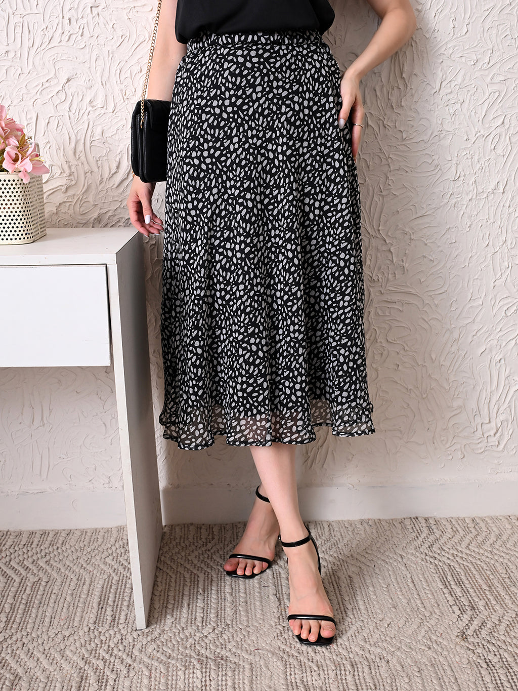 Women Black & White Printed A-Line Midi Skirt | Elasticated Waist | Lined Flared Skirt