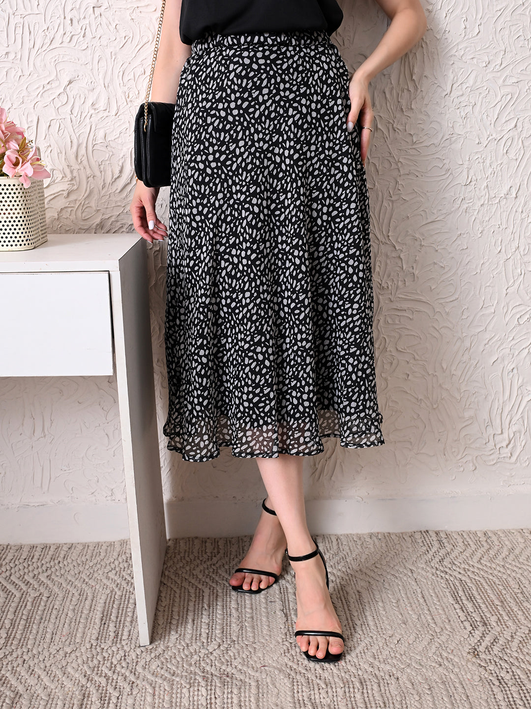 Women Black & White Printed A-Line Midi Skirt | Elasticated Waist | Lined Flared Skirt