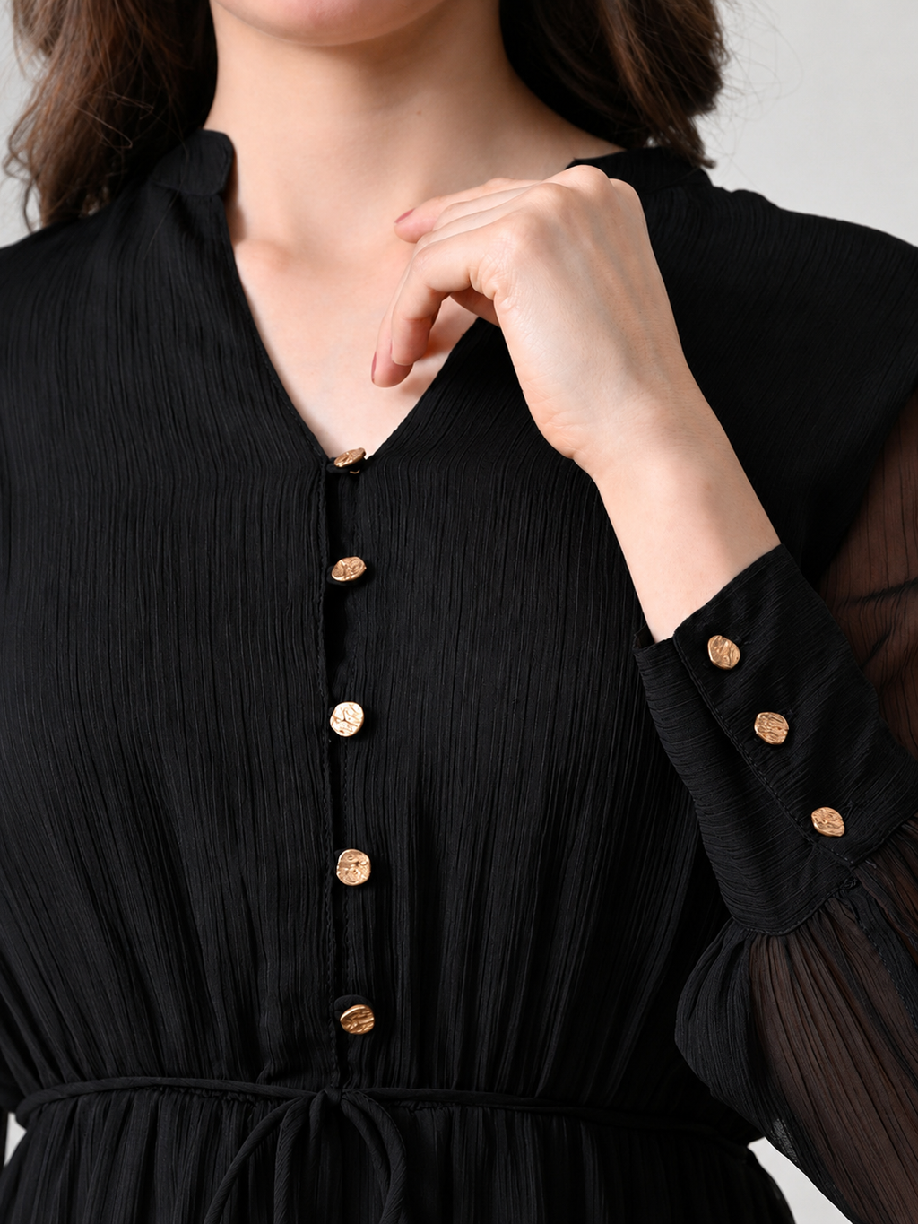 Women Black Solid V-Neck Tie-Up Waist Fit & Flare Midi Dress