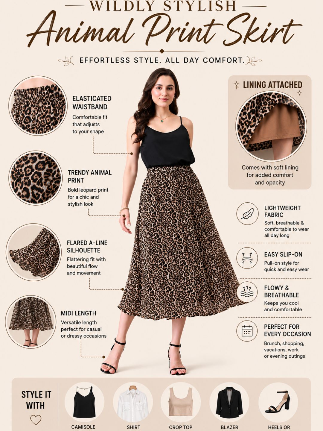 Women Brown & Black Animal Print A-Line Midi Skirt | Elasticated Waist | Flared Casual Skirt