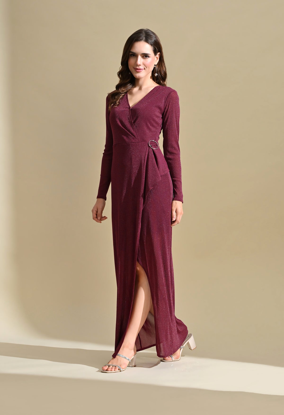 Ikonic Klaer Women Wine Shimmer V-Neck Draped Party Maxi Dress