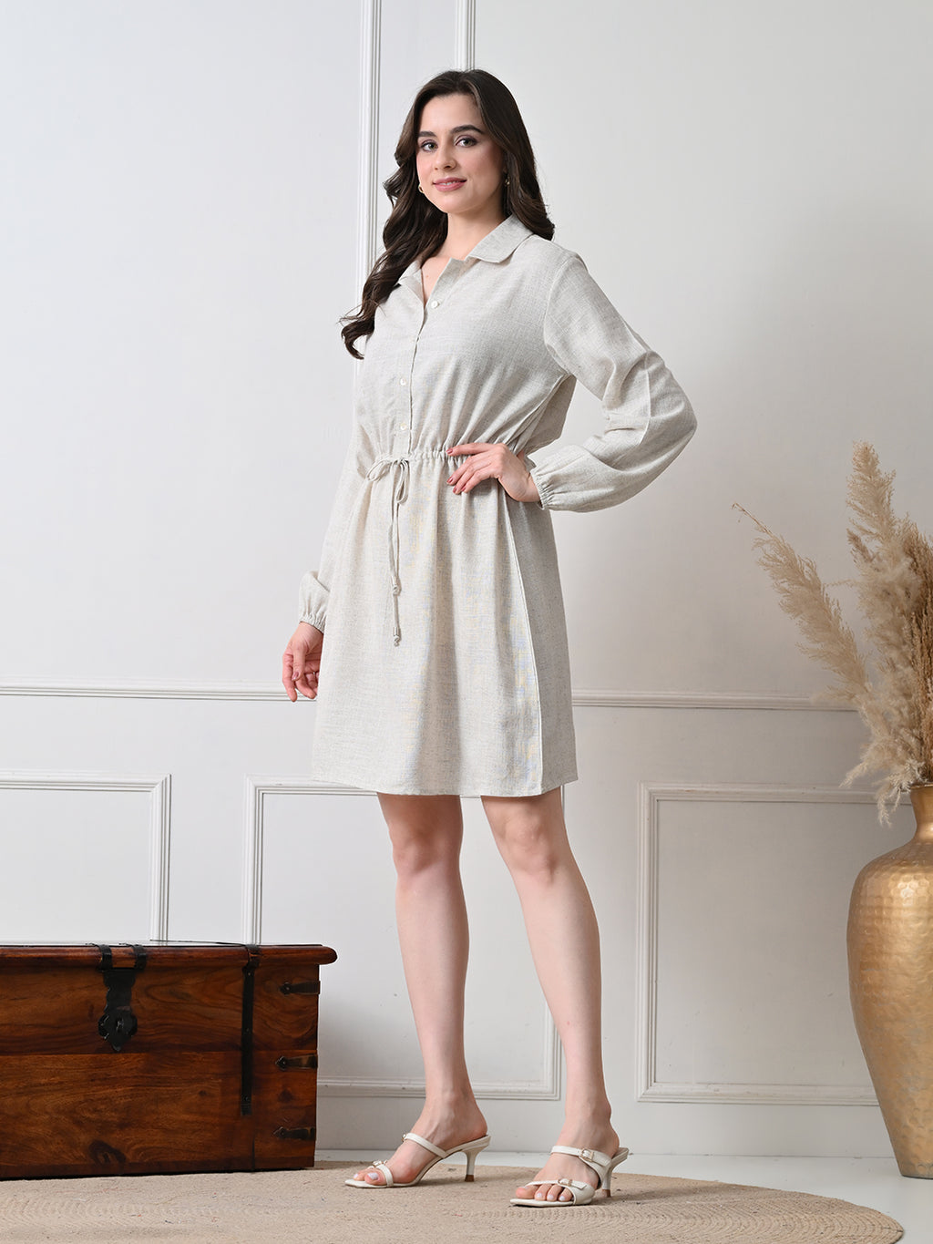 Women Beige Solid Shirt Collar Drawstring Waist Shirt Dress