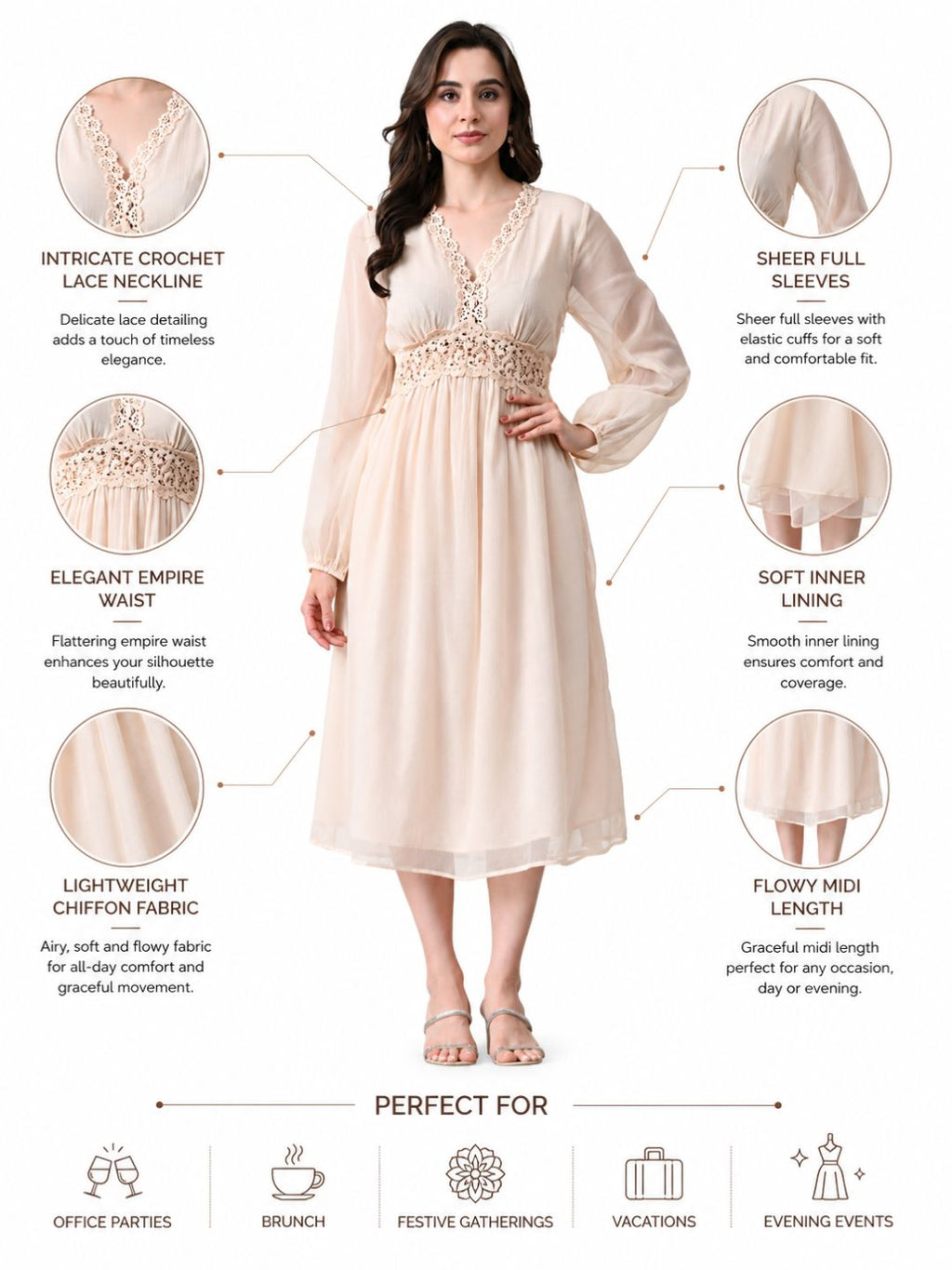 Women's Cream Self Design Lace Detail V-Neck Empire Midi Dress