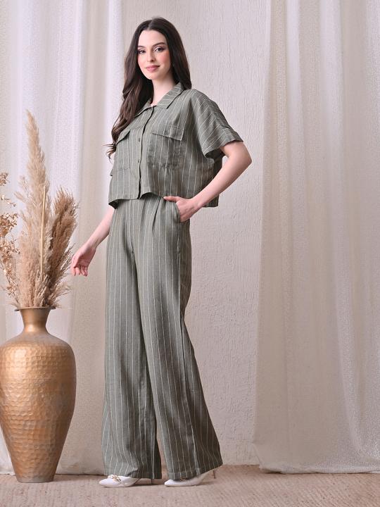 Olive Striped Shirt & Trouser Co-Ord Set