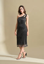 Women Black Metallic One Shoulder Bodycon Midi Dress