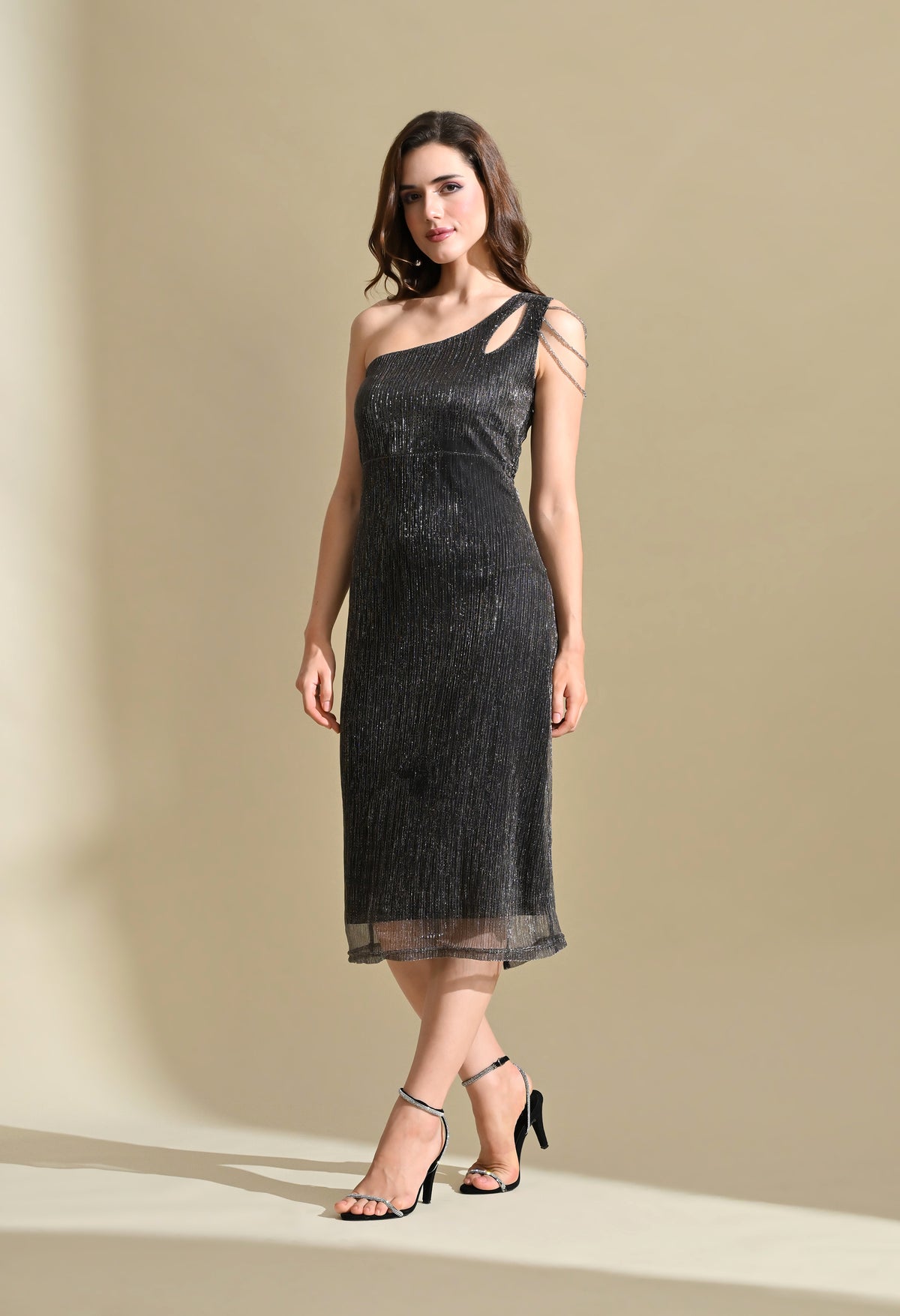 Women Black Metallic One Shoulder Bodycon Midi Dress