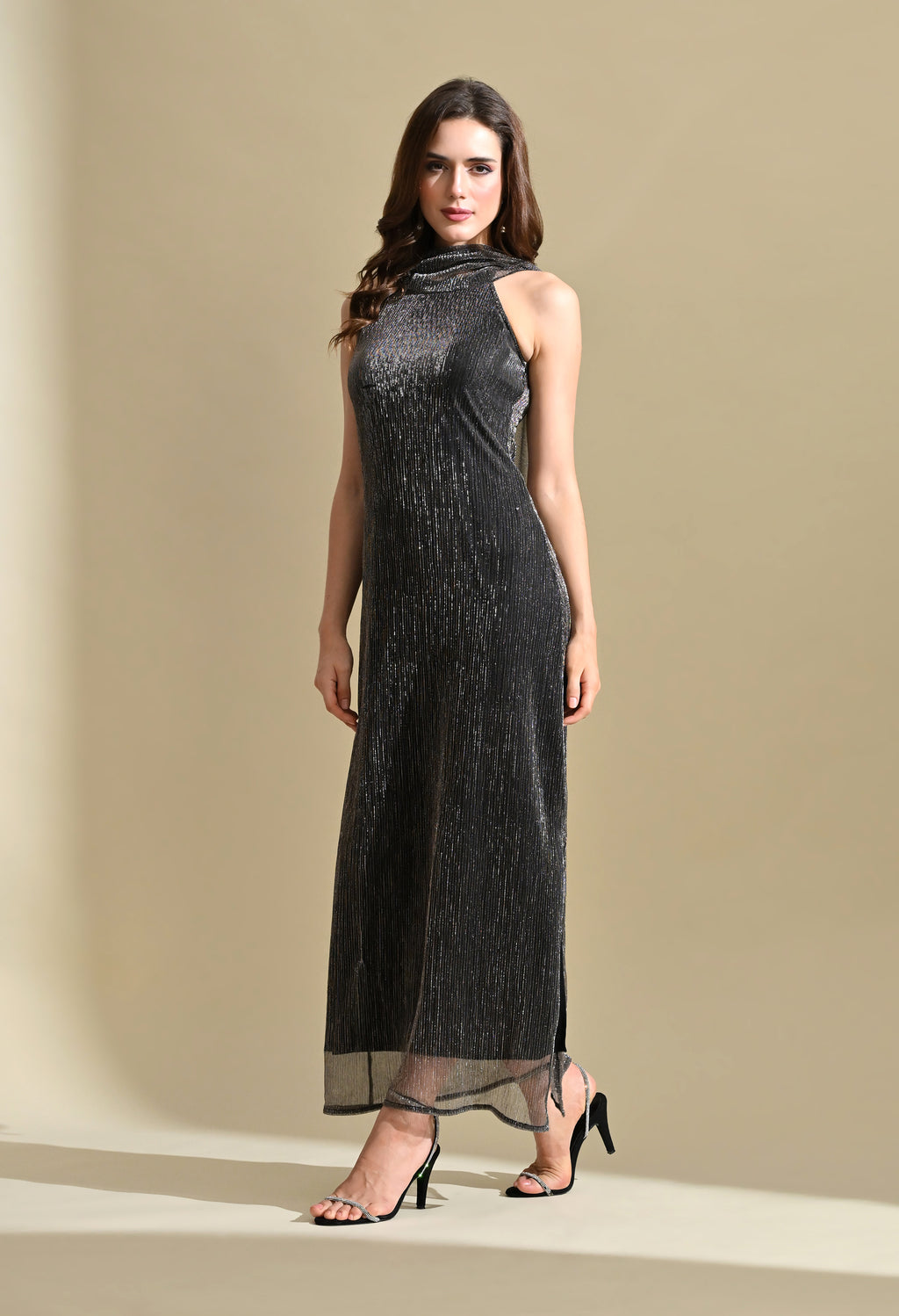 Women Black Metallic Halter Neck Pleated Maxi Dress