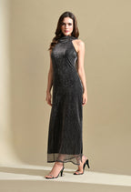 Women Black Metallic Halter Neck Pleated Maxi Dress