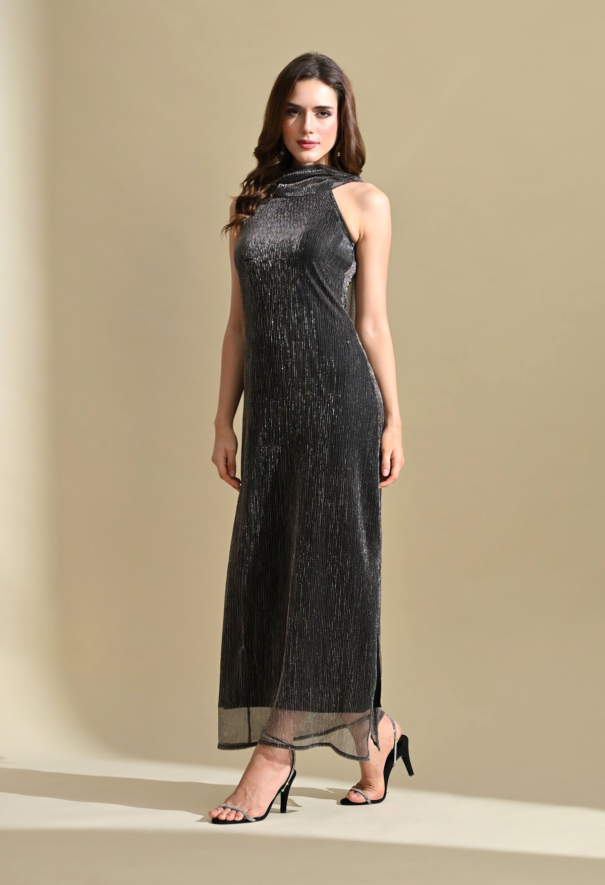Women Black Metallic Halter Neck Pleated Maxi Dress
