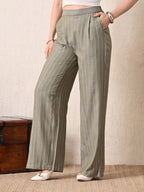 IKONIC KLAER Olive Green Pinstriped Wide Leg Trousers for Women