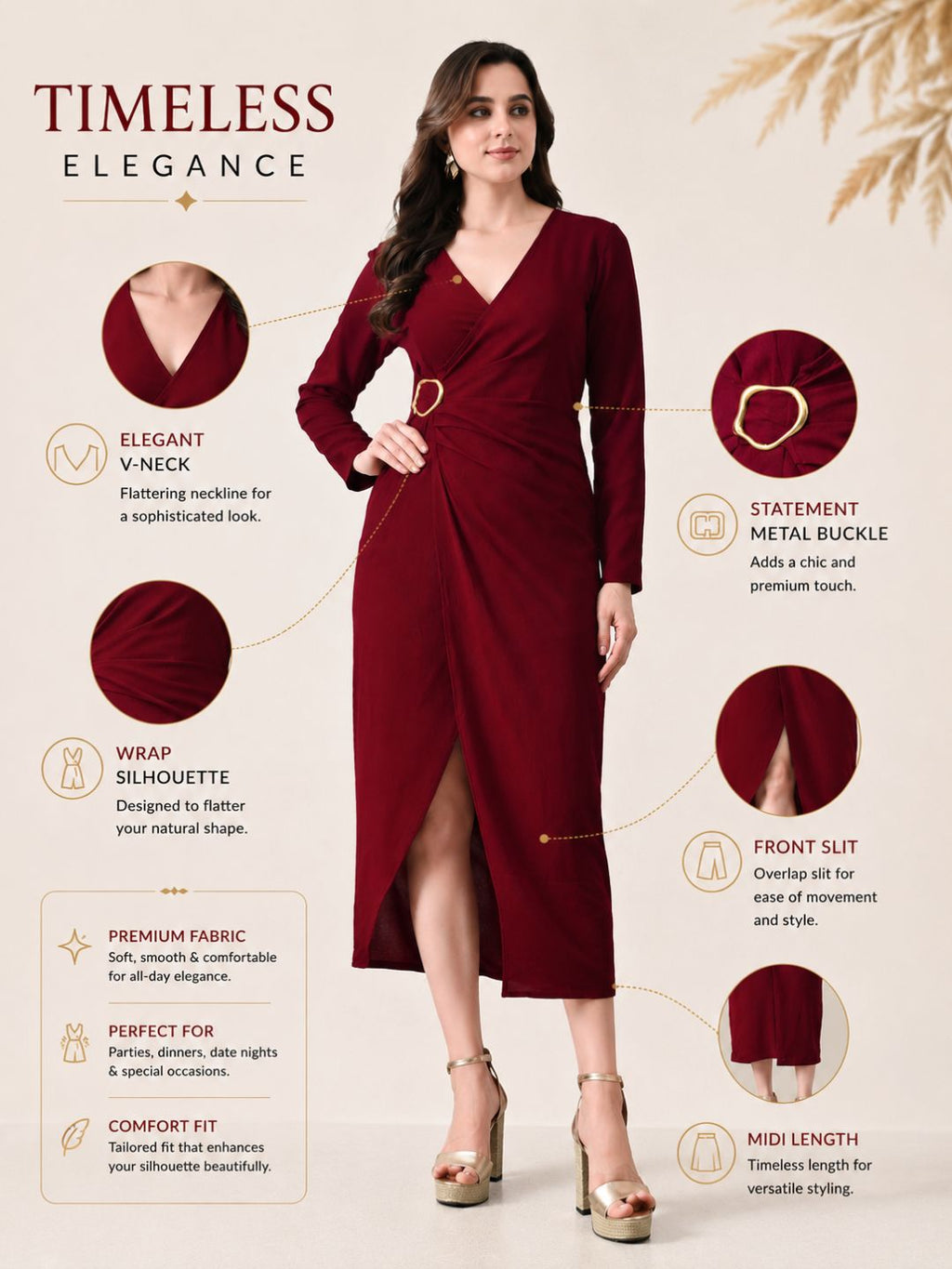 IKONIC KLAER Women Burgandy Solid Wrap Style Midi Dress with Metal Buckle Detail