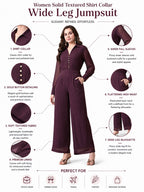 Women Solid Textured Shirt Collar Full Sleeve Wide Leg Jumpsuit