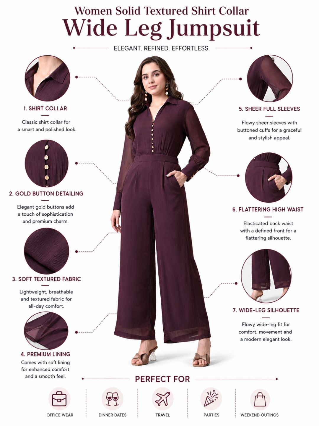 Women Solid Textured Shirt Collar Full Sleeve Wide Leg Jumpsuit
