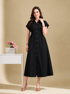 Women Black Solid Shirt Collar Fit & Flare Midi Dress