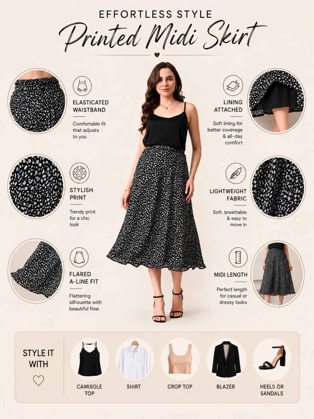Women Black & White Printed A-Line Midi Skirt | Elasticated Waist | Lined Flared Skirt