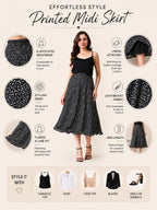 Women Black & White Printed A-Line Midi Skirt | Elasticated Waist | Lined Flared Skirt