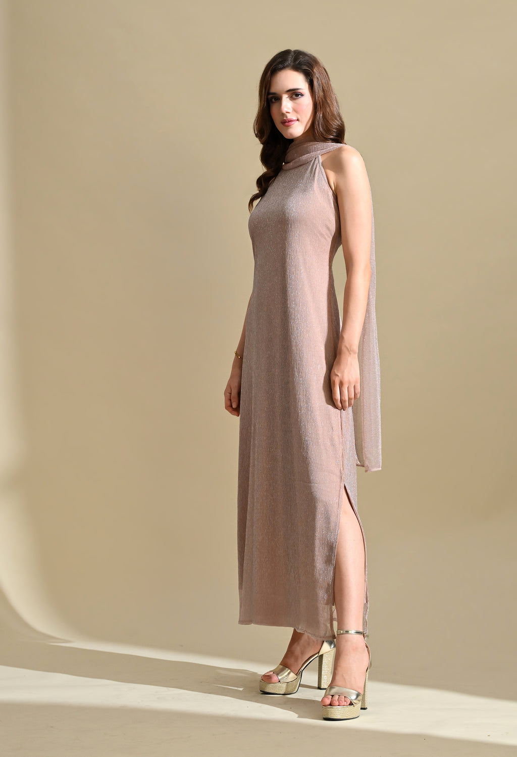 Ikonic Klaer Women Solid Shimmer High-Neck Maxi Dress with Draped Overlay