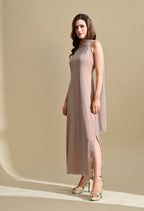 Ikonic Klaer Women Solid Shimmer High-Neck Maxi Dress with Draped Overlay