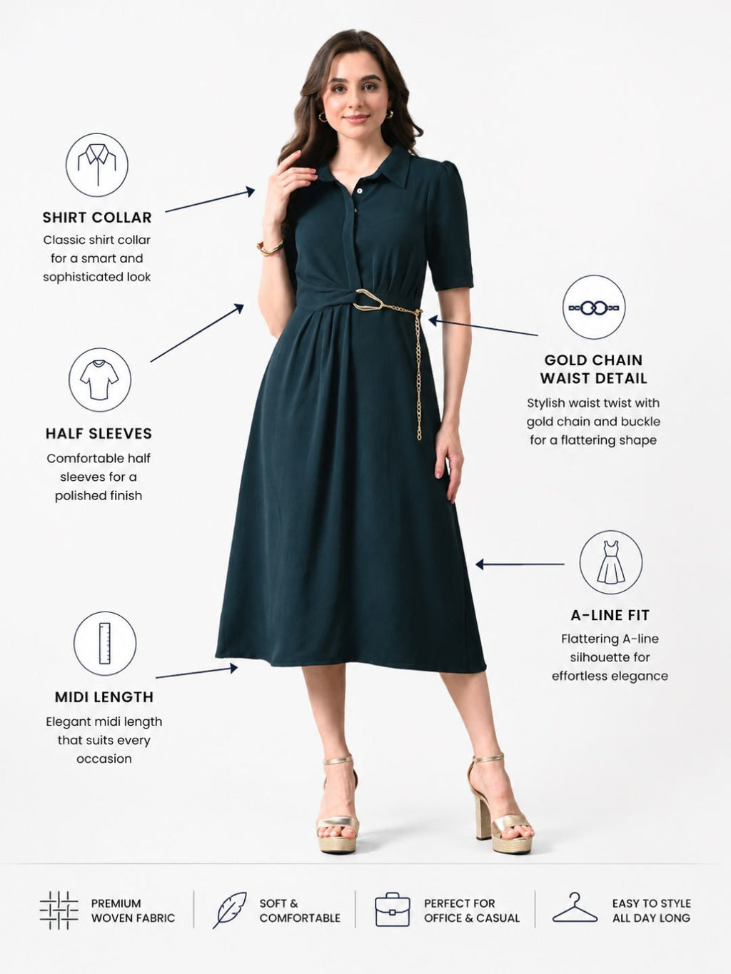 Women Solid Shirt Collar A-Line Midi Dress with Metal Chain Waist Detail