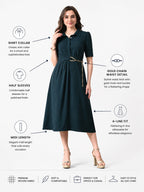 Women Solid Shirt Collar A-Line Midi Dress with Metal Chain Waist Detail