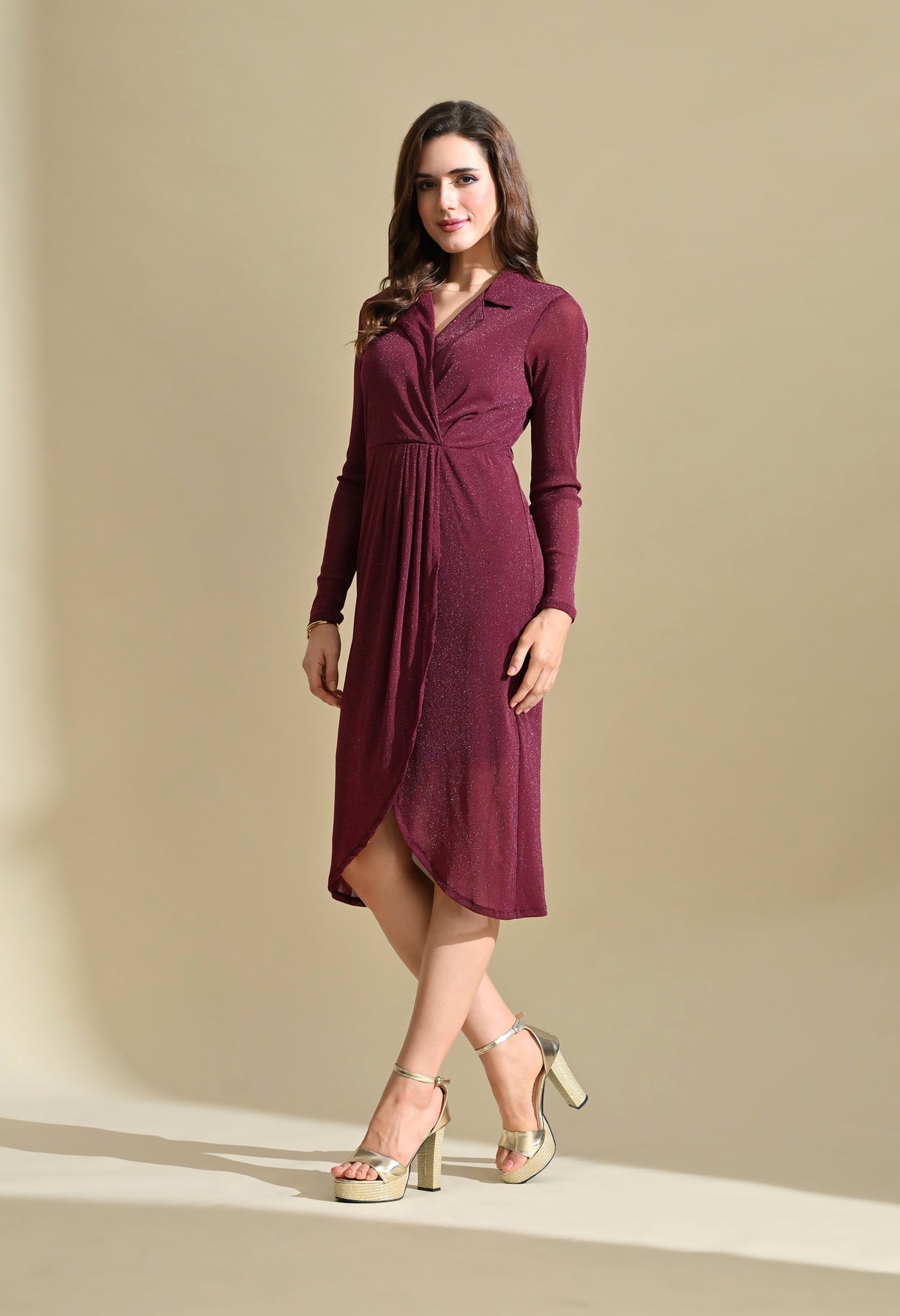 Ikonic Klaer Women Solid Shimmer Wrap Midi Dress with Lapel Collar
