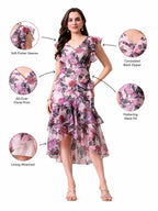 IKONIC KLAER Women Pink Floral Printed Wrap High-Low Midi Dress