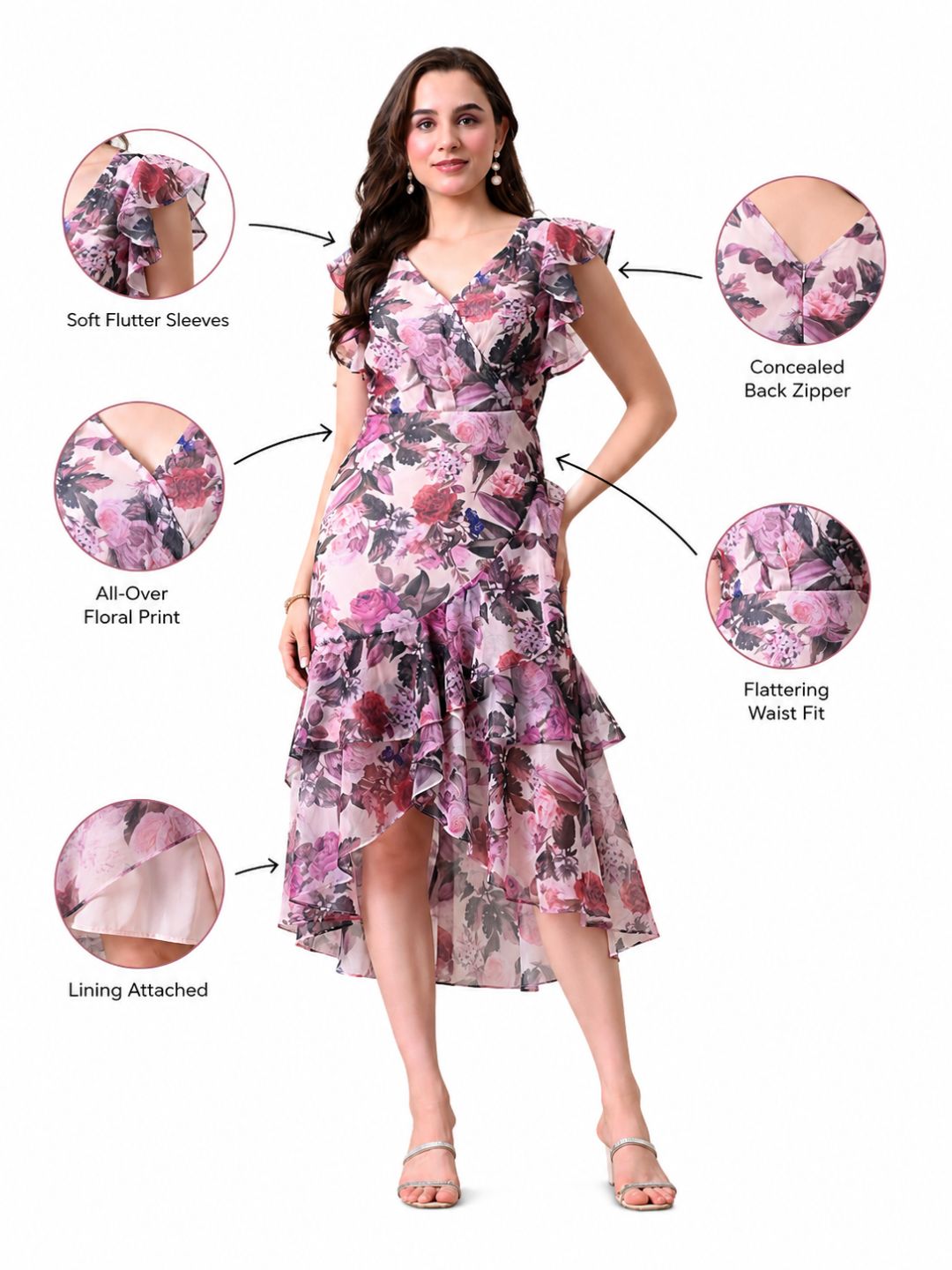 IKONIC KLAER Women Pink Floral Printed Wrap High-Low Midi Dress