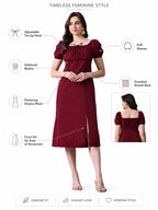 IKONIC KLAER Women Burgundy Solid Square Neck Puff Sleeve Midi Dress