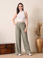 IKONIC KLAER Olive Green Pinstriped Wide Leg Trousers for Women