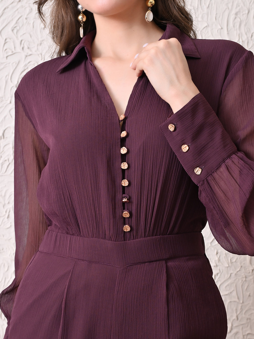 Women Solid Textured Shirt Collar Full Sleeve Wide Leg Jumpsuit