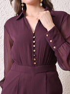 Women Solid Textured Shirt Collar Full Sleeve Wide Leg Jumpsuit